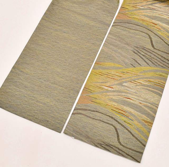 Vintage Japanese Obi | Sha-re Fukuro Obi | Gray Silk | Mountain Pattern | Hand-woven Kushi-ori | Unused | Sustainable | ss0820a27