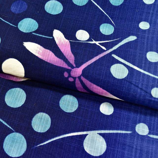 Vintage Japanese Yukata | Women's Yukata | Navy Cotton | Polka Dot Dragonfly Pattern | Size L | Sustainable | ss0839b