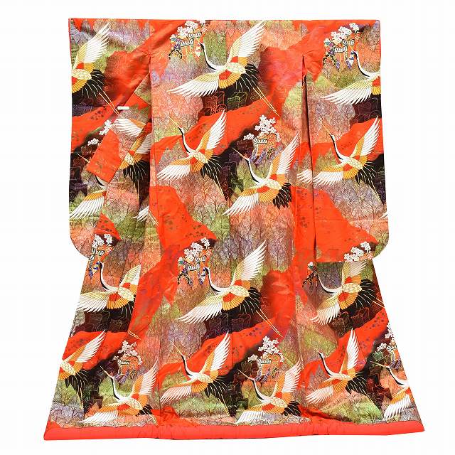 Vintage Japanese Kimono | Iro-Uchikake | Red Silk | Autumn Maple Auspicious Crane | Nishijin 600-ji Kara-ori | Sustainable | ss0855b