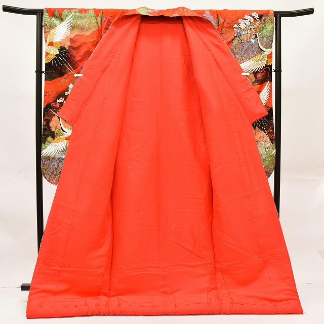 Vintage Japanese Kimono | Iro-Uchikake | Red Silk | Autumn Maple Auspicious Crane | Nishijin 600-ji Kara-ori | Sustainable | ss0855b