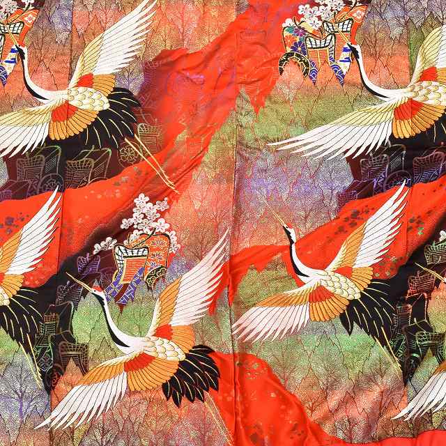 Vintage Japanese Kimono | Iro-Uchikake | Red Silk | Autumn Maple Auspicious Crane | Nishijin 600-ji Kara-ori | Sustainable | ss0855b
