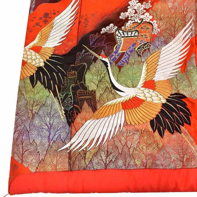 Vintage Japanese Kimono | Iro-Uchikake | Red Silk | Autumn Maple Auspicious Crane | Nishijin 600-ji Kara-ori | Sustainable | ss0855b