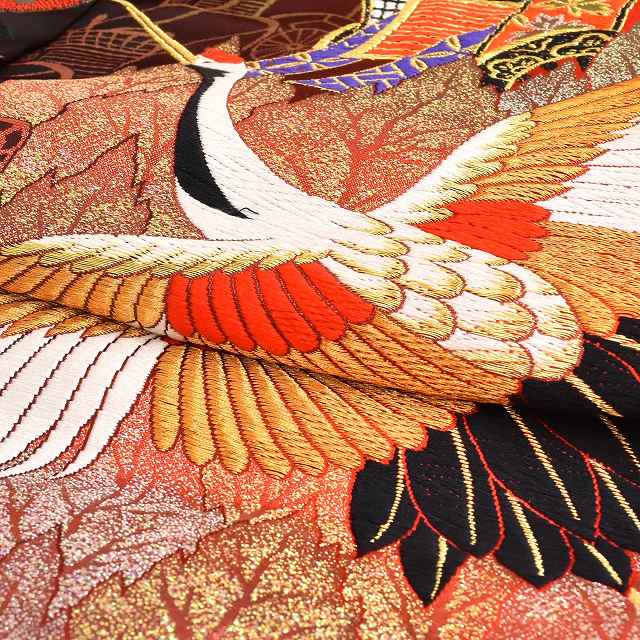 Vintage Japanese Kimono | Iro-Uchikake | Red Silk | Autumn Maple Auspicious Crane | Nishijin 600-ji Kara-ori | Sustainable | ss0855b
