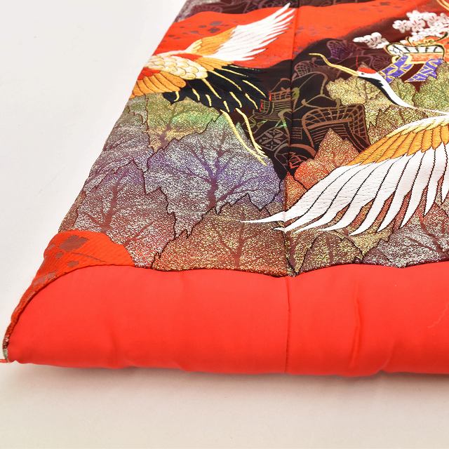 Vintage Japanese Kimono | Iro-Uchikake | Red Silk | Autumn Maple Auspicious Crane | Nishijin 600-ji Kara-ori | Sustainable | ss0855b
