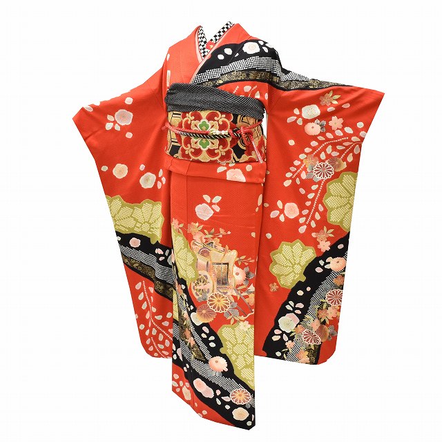 Vintage Japanese Kimono | Furisode Full Set | Red Silk | Court Carriage Floral | Shibori Gold Embroidery | Sustainable | ss0918b