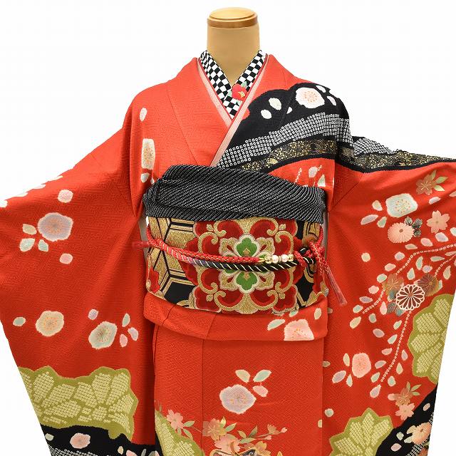 Vintage Japanese Kimono | Furisode Full Set | Red Silk | Court Carriage Floral | Shibori Gold Embroidery | Sustainable | ss0918b