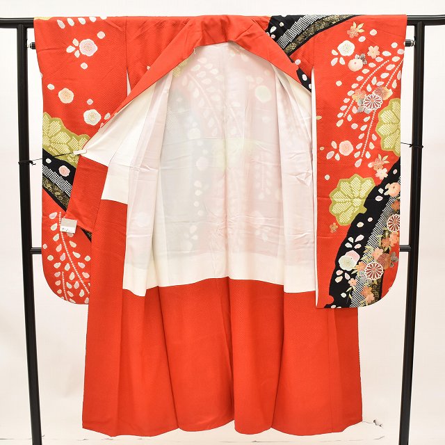 Vintage Japanese Kimono | Furisode Full Set | Red Silk | Court Carriage Floral | Shibori Gold Embroidery | Sustainable | ss0918b