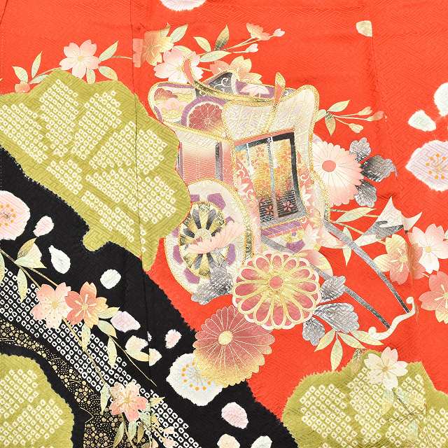 Vintage Japanese Kimono | Furisode Full Set | Red Silk | Court Carriage Floral | Shibori Gold Embroidery | Sustainable | ss0918b