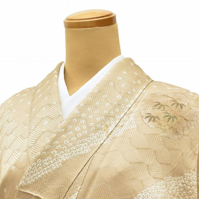 Vintage Japanese Kimono | Houmongi | Brown Silk | Wave Botanical | Shibori Embroidery | Size M | Sustainable | ss0958b