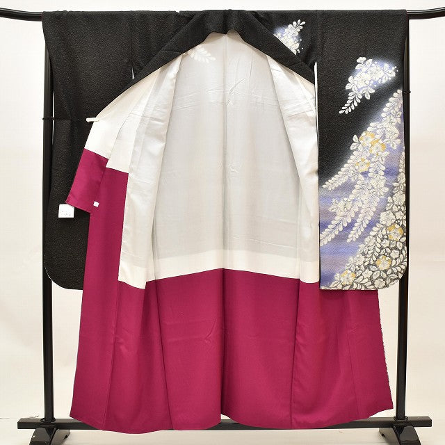 Vintage Japanese Kimono | Furisode & Nagajuban Set | Black Purple Silk | Tsujigahana Pattern | Tall Size L | Sustainable | ss0961b