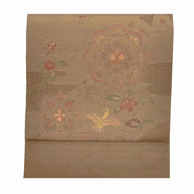Vintage Japanese Obi | Sha-re Fukuro Obi | Brown Silk Tsumugi | Floral | Suzhou Embroidery | Otaiko | Sustainable | ss0982b