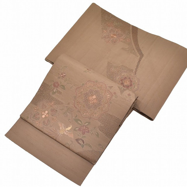 Vintage Japanese Obi | Sha-re Fukuro Obi | Brown Silk Tsumugi | Floral | Suzhou Embroidery | Otaiko | Sustainable | ss0982b