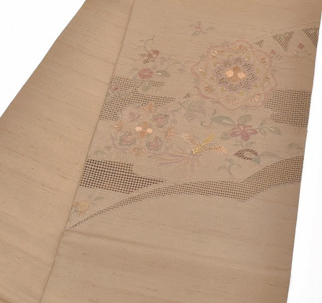 Vintage Japanese Obi | Sha-re Fukuro Obi | Brown Silk Tsumugi | Floral | Suzhou Embroidery | Otaiko | Sustainable | ss0982b