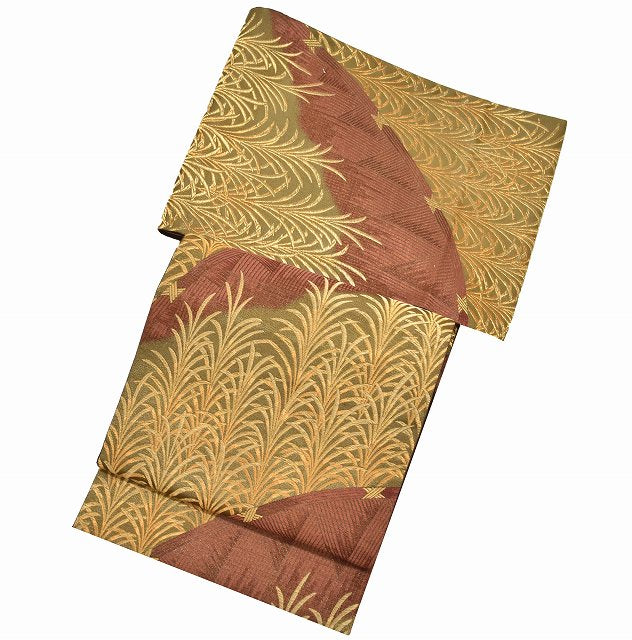 Vintage Japanese Obi | Fukuro Obi | Brown Gold Silk | Botanical | Hanai Yukiko Designer | Gold Thread | Formal | Sustainable | ss0984b