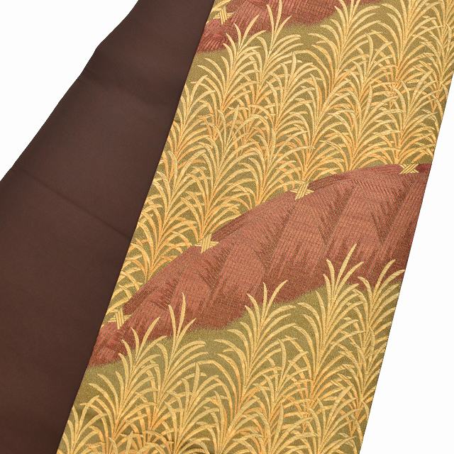 Vintage Japanese Obi | Fukuro Obi | Brown Gold Silk | Botanical | Hanai Yukiko Designer | Gold Thread | Formal | Sustainable | ss0984b