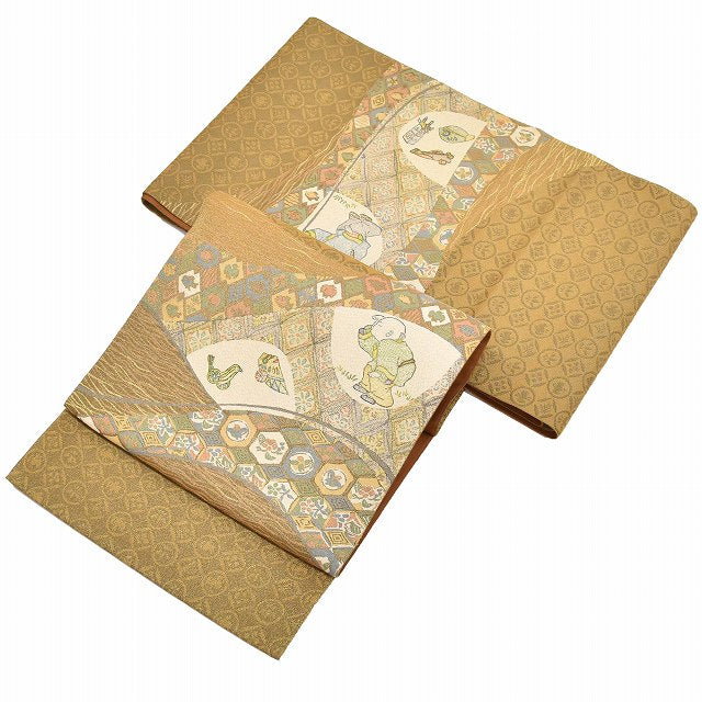 Vintage Japanese Obi | Fukuro Obi | Brown Silk | Child Toy Pattern | Hand Woodblock Print | Saeki Takeharu Artist | Sustainable | ss0986b