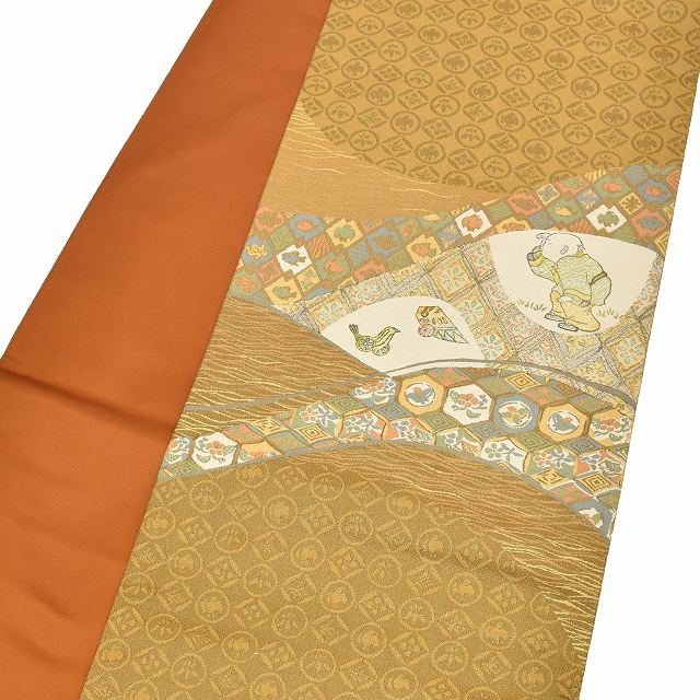 Vintage Japanese Obi | Fukuro Obi | Brown Silk | Child Toy Pattern | Hand Woodblock Print | Saeki Takeharu Artist | Sustainable | ss0986b