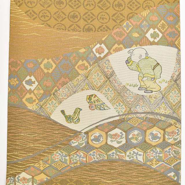 Vintage Japanese Obi | Fukuro Obi | Brown Silk | Child Toy Pattern | Hand Woodblock Print | Saeki Takeharu Artist | Sustainable | ss0986b
