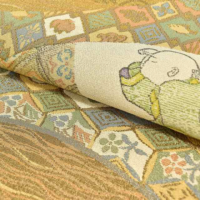 Vintage Japanese Obi | Fukuro Obi | Brown Silk | Child Toy Pattern | Hand Woodblock Print | Saeki Takeharu Artist | Sustainable | ss0986b