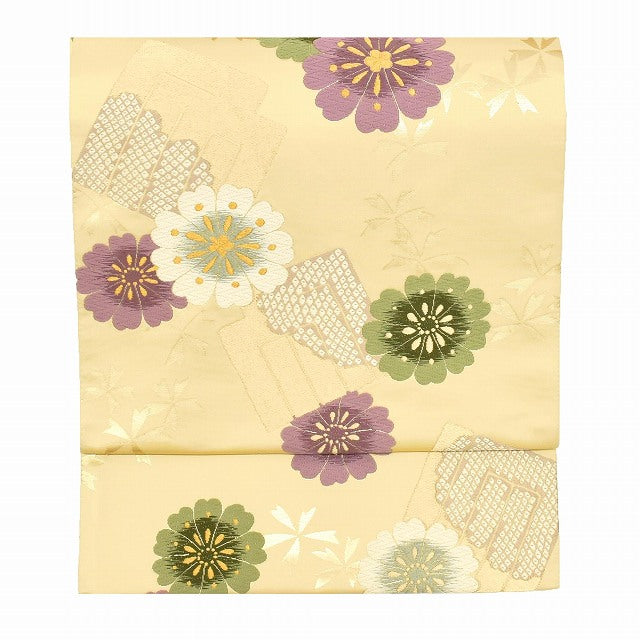 Vintage Japanese Obi | Fukuro Obi | Beige Silk | Genji-ko Floral | Nishijin Hikihaku | Certified | Sustainable | ss1004b