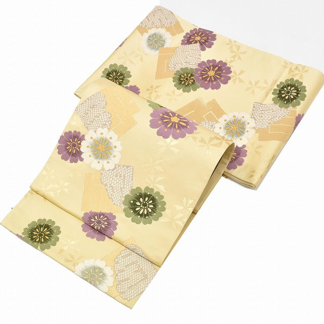 Vintage Japanese Obi | Fukuro Obi | Beige Silk | Genji-ko Floral | Nishijin Hikihaku | Certified | Sustainable | ss1004b