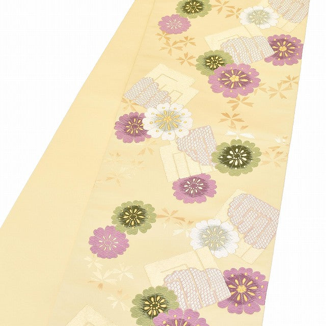 Vintage Japanese Obi | Fukuro Obi | Beige Silk | Genji-ko Floral | Nishijin Hikihaku | Certified | Sustainable | ss1004b