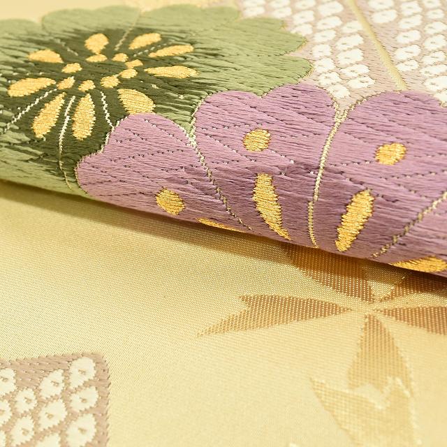 Vintage Japanese Obi | Fukuro Obi | Beige Silk | Genji-ko Floral | Nishijin Hikihaku | Certified | Sustainable | ss1004b