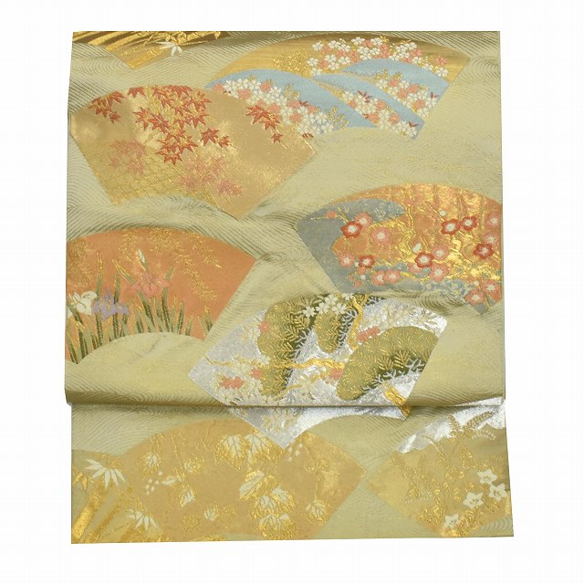 Vintage Japanese Obi | Fukuro Obi | Green Silk | Paper Fan Pattern | Nishijin Hikihaku | Hattori Textile | Sustainable | ss1023b