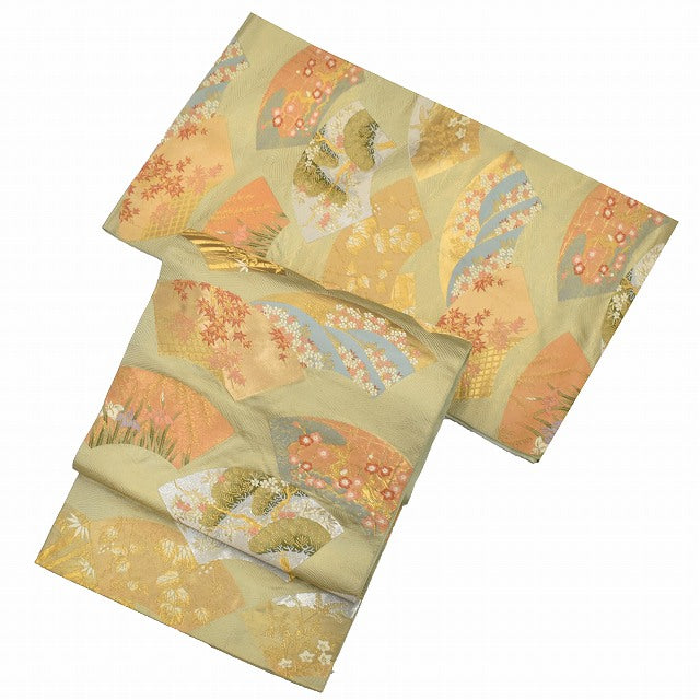 Vintage Japanese Obi | Fukuro Obi | Green Silk | Paper Fan Pattern | Nishijin Hikihaku | Hattori Textile | Sustainable | ss1023b