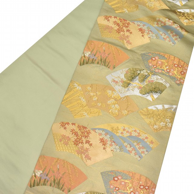 Vintage Japanese Obi | Fukuro Obi | Green Silk | Paper Fan Pattern | Nishijin Hikihaku | Hattori Textile | Sustainable | ss1023b