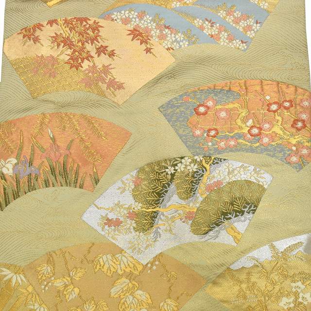 Vintage Japanese Obi | Fukuro Obi | Green Silk | Paper Fan Pattern | Nishijin Hikihaku | Hattori Textile | Sustainable | ss1023b