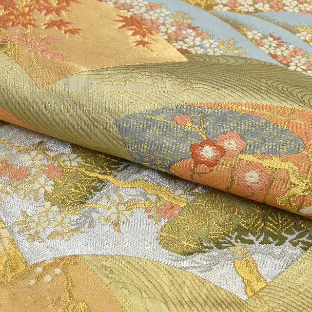Vintage Japanese Obi | Fukuro Obi | Green Silk | Paper Fan Pattern | Nishijin Hikihaku | Hattori Textile | Sustainable | ss1023b