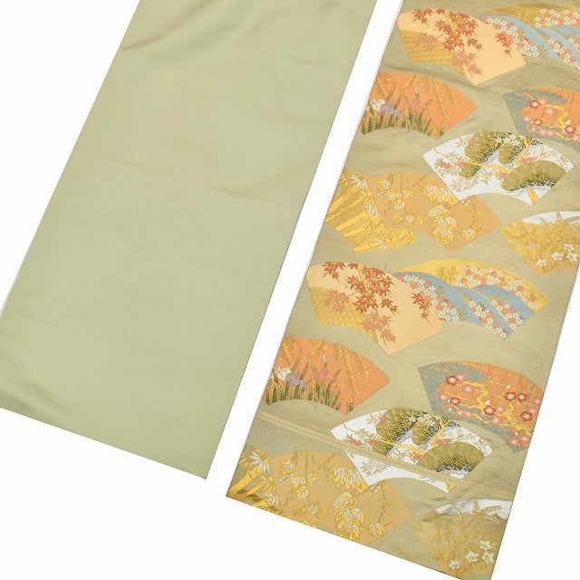 Vintage Japanese Obi | Fukuro Obi | Green Silk | Paper Fan Pattern | Nishijin Hikihaku | Hattori Textile | Sustainable | ss1023b