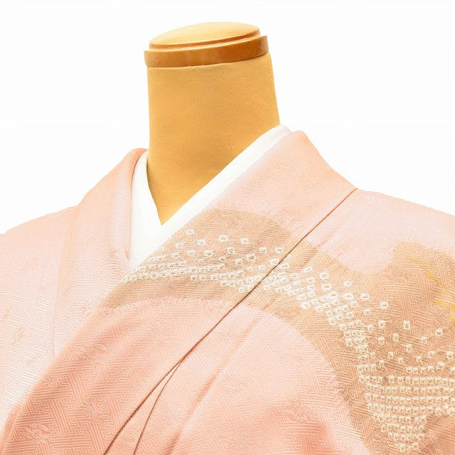 Vintage Japanese Kimono | Houmongi | Pink Silk | Cloud-take Botanical | One Crest | Shibori Embroidery | Size L | Sustainable | ss1035b