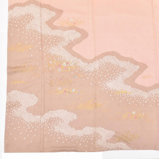 Vintage Japanese Kimono | Houmongi | Pink Silk | Cloud-take Botanical | One Crest | Shibori Embroidery | Size L | Sustainable | ss1035b