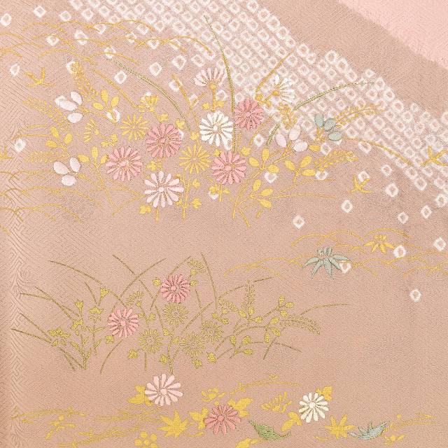 Vintage Japanese Kimono | Houmongi | Pink Silk | Cloud-take Botanical | One Crest | Shibori Embroidery | Size L | Sustainable | ss1035b