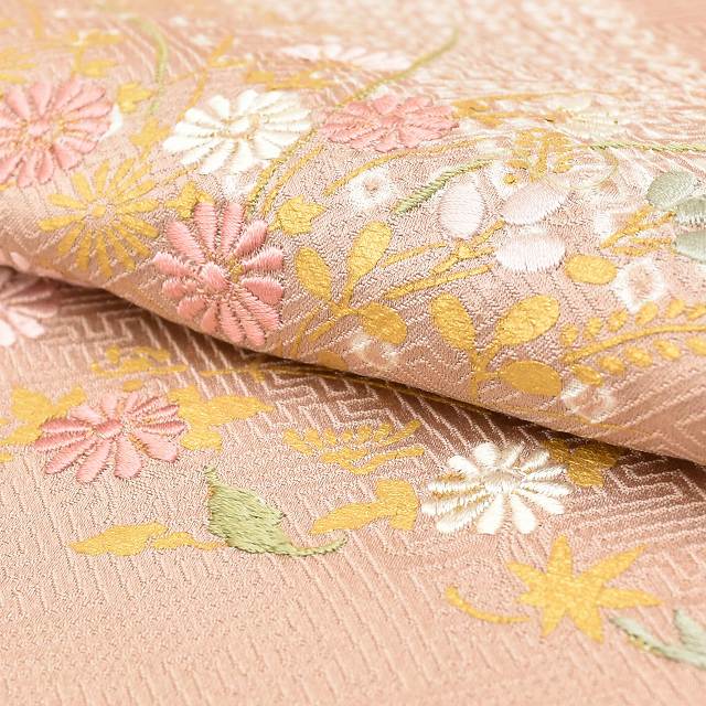 Vintage Japanese Kimono | Houmongi | Pink Silk | Cloud-take Botanical | One Crest | Shibori Embroidery | Size L | Sustainable | ss1035b