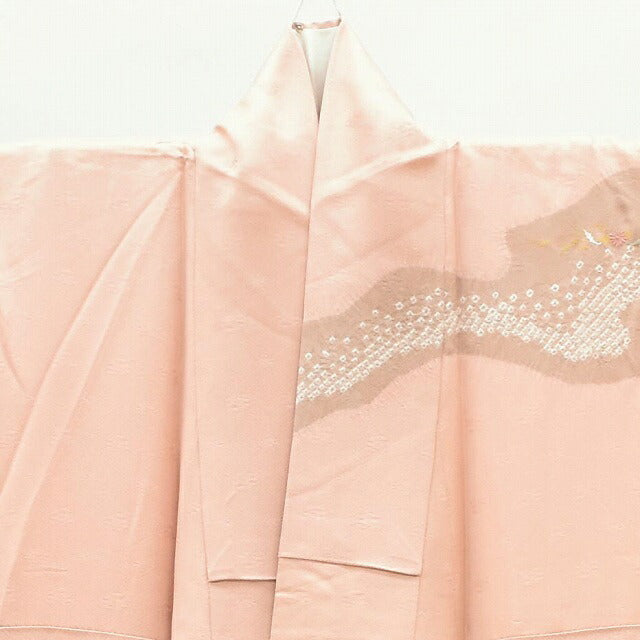 Vintage Japanese Kimono | Houmongi | Pink Silk | Cloud-take Botanical | One Crest | Shibori Embroidery | Size L | Sustainable | ss1035b