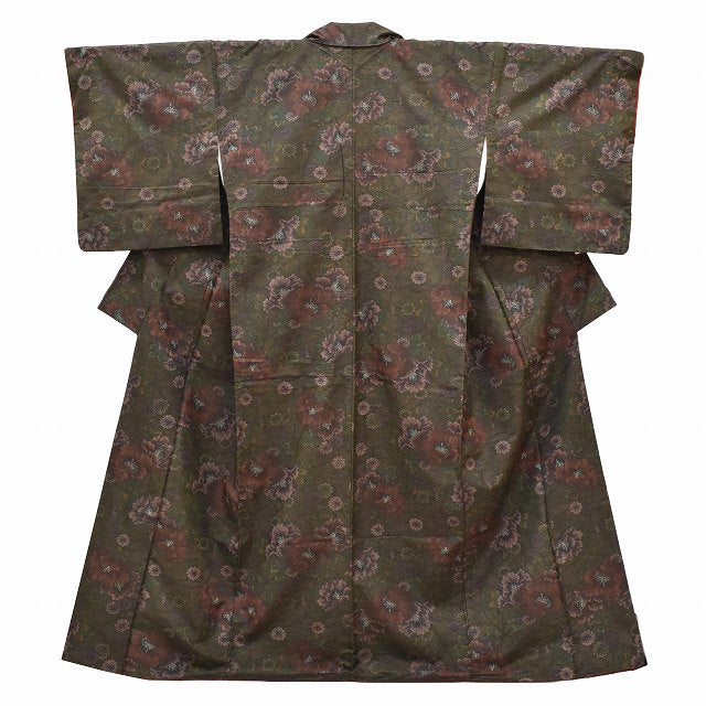 Vintage Japanese Kimono | Oshima Tsumugi | Green Silk | Floral | Tate-fusa Weave | Excellent | Size M | Sustainable | ss1043b