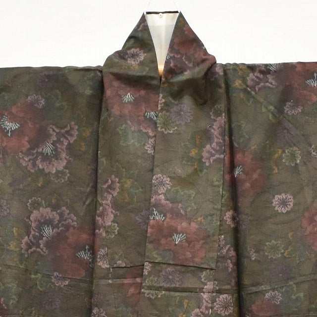 Vintage Japanese Kimono | Oshima Tsumugi | Green Silk | Floral | Tate-fusa Weave | Excellent | Size M | Sustainable | ss1043b