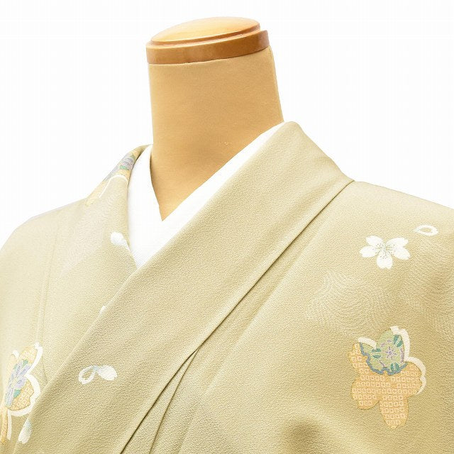 Vintage Japanese Kimono | Komon | Green Silk Crepe | Cherry Blossom Pattern | Petite Size S | Sustainable | ss1048b