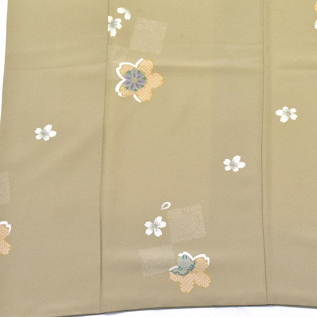 Vintage Japanese Kimono | Komon | Green Silk Crepe | Cherry Blossom Pattern | Petite Size S | Sustainable | ss1048b