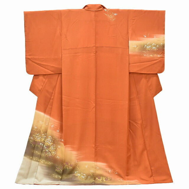 Vintage Japanese Kimono | Houmongi | Brown Silk | Botanical Floral | Gold Foil | Size L | Sustainable | ss1060b