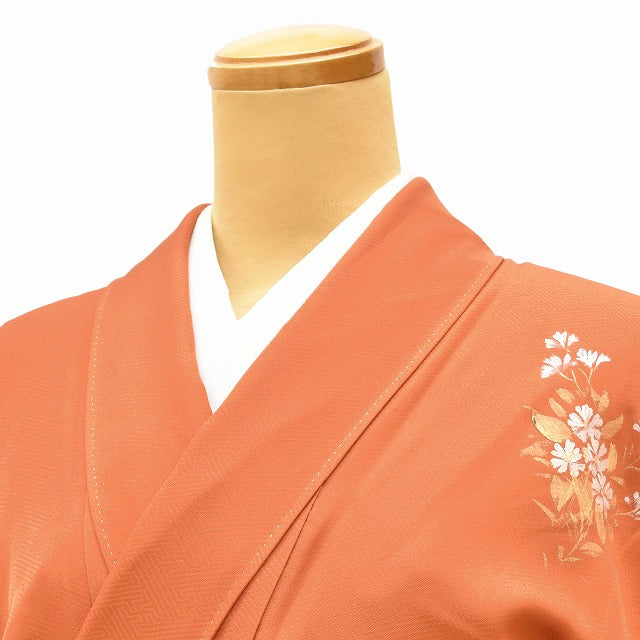 Vintage Japanese Kimono | Houmongi | Brown Silk | Botanical Floral | Gold Foil | Size L | Sustainable | ss1060b