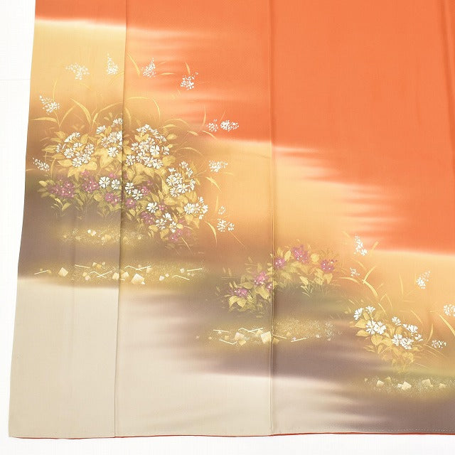 Vintage Japanese Kimono | Houmongi | Brown Silk | Botanical Floral | Gold Foil | Size L | Sustainable | ss1060b