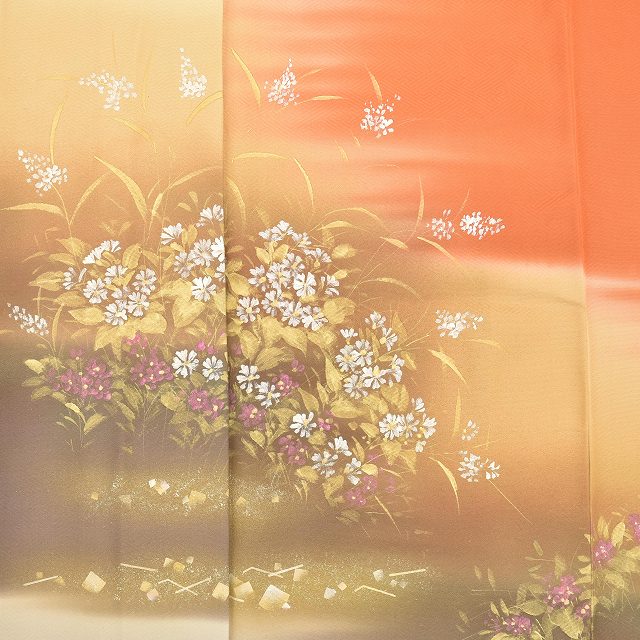 Vintage Japanese Kimono | Houmongi | Brown Silk | Botanical Floral | Gold Foil | Size L | Sustainable | ss1060b