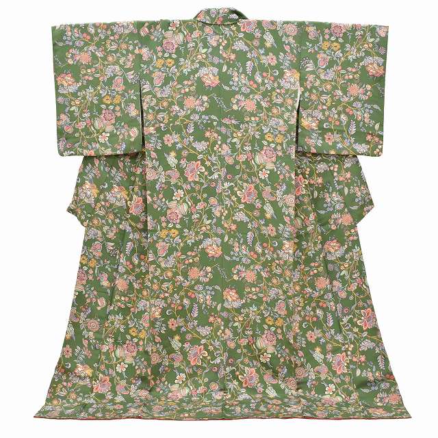 Vintage Japanese Kimono | Komon | Green Silk Crepe | Floral Pattern | Tall Size LL | Sustainable | ss1070b