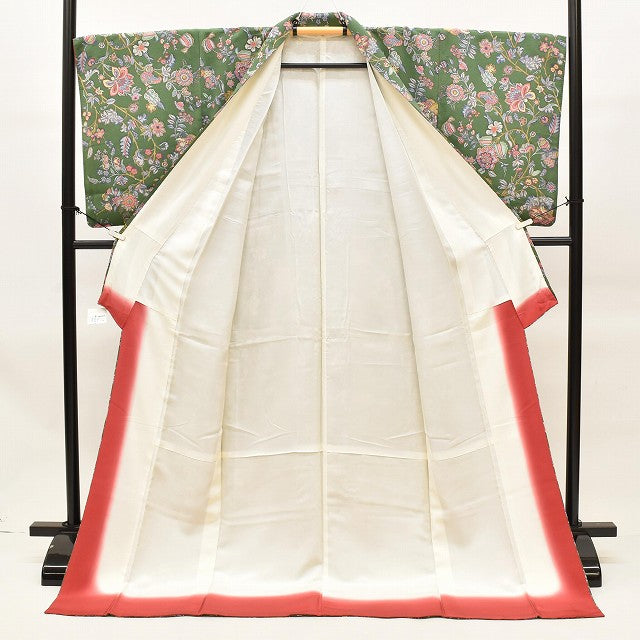 Vintage Japanese Kimono | Komon | Green Silk Crepe | Floral Pattern | Tall Size LL | Sustainable | ss1070b