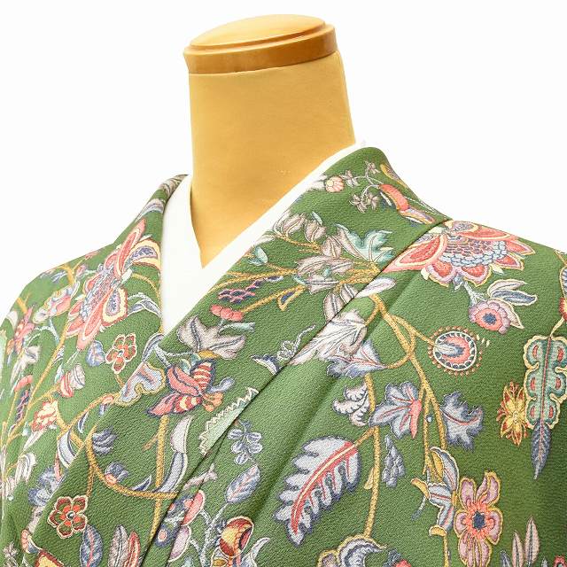 Vintage Japanese Kimono | Komon | Green Silk Crepe | Floral Pattern | Tall Size LL | Sustainable | ss1070b