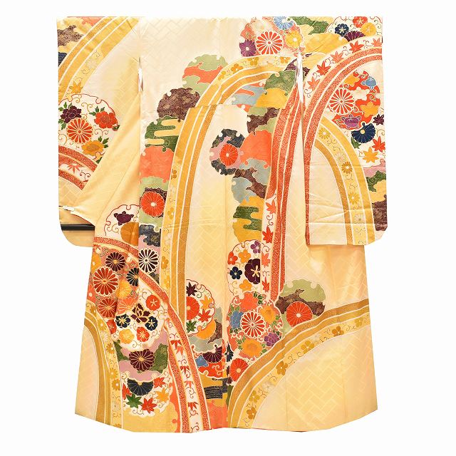 Vintage Japanese Kimono | Furisode & Nagajuban Set | Yellow Silk | Snow Circle Chrysanthemum | Gold Embroidery | Sustainable | ss1075b